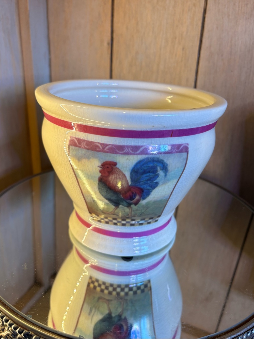 Cream Ceramic Rooster Planter with Pink Accents
